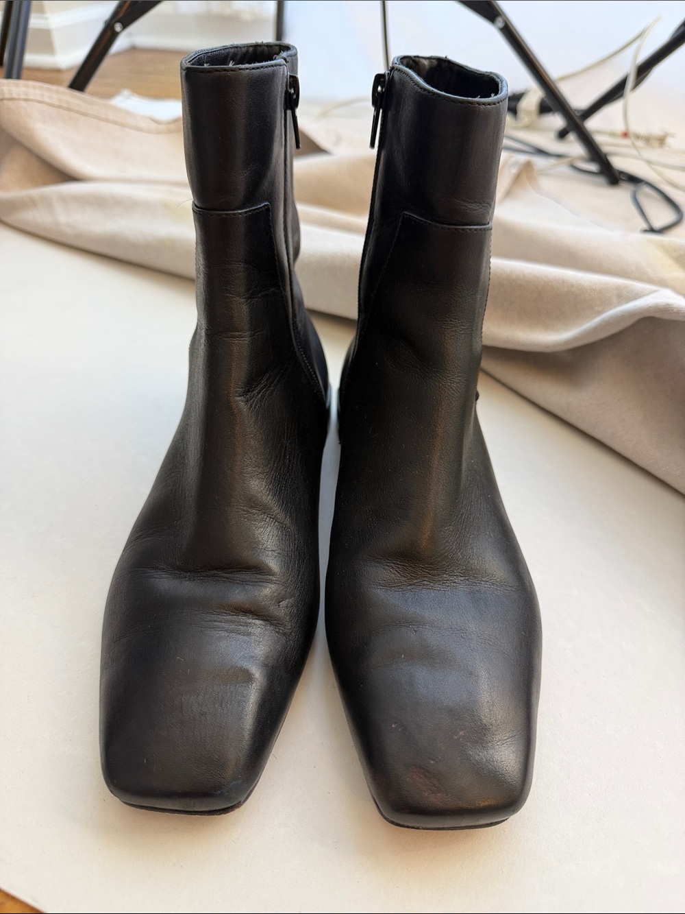 Bernardo Black Leather Square-Toe Zip Ankle Boots